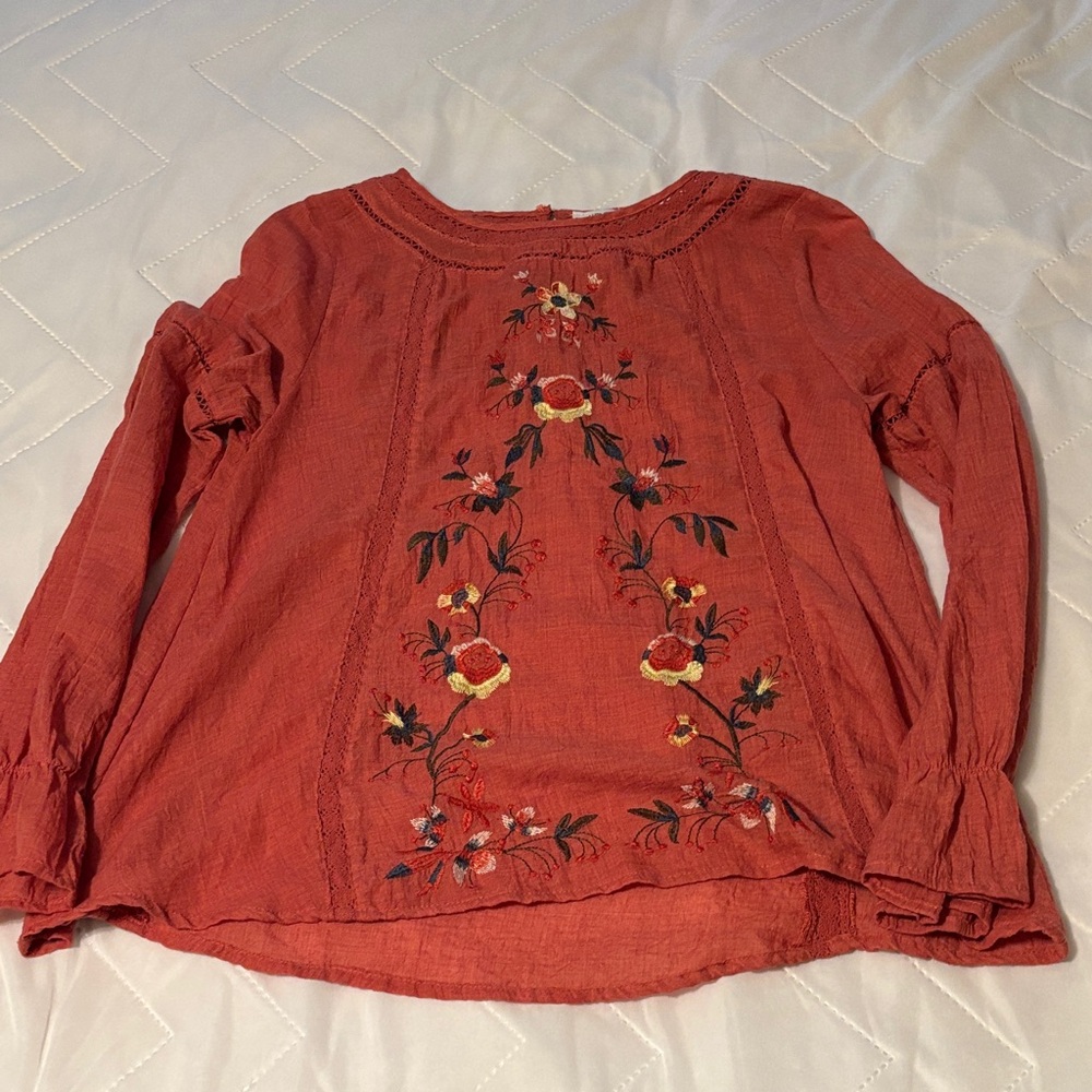 Umgee Terracotta Floral Embroidered Blouse